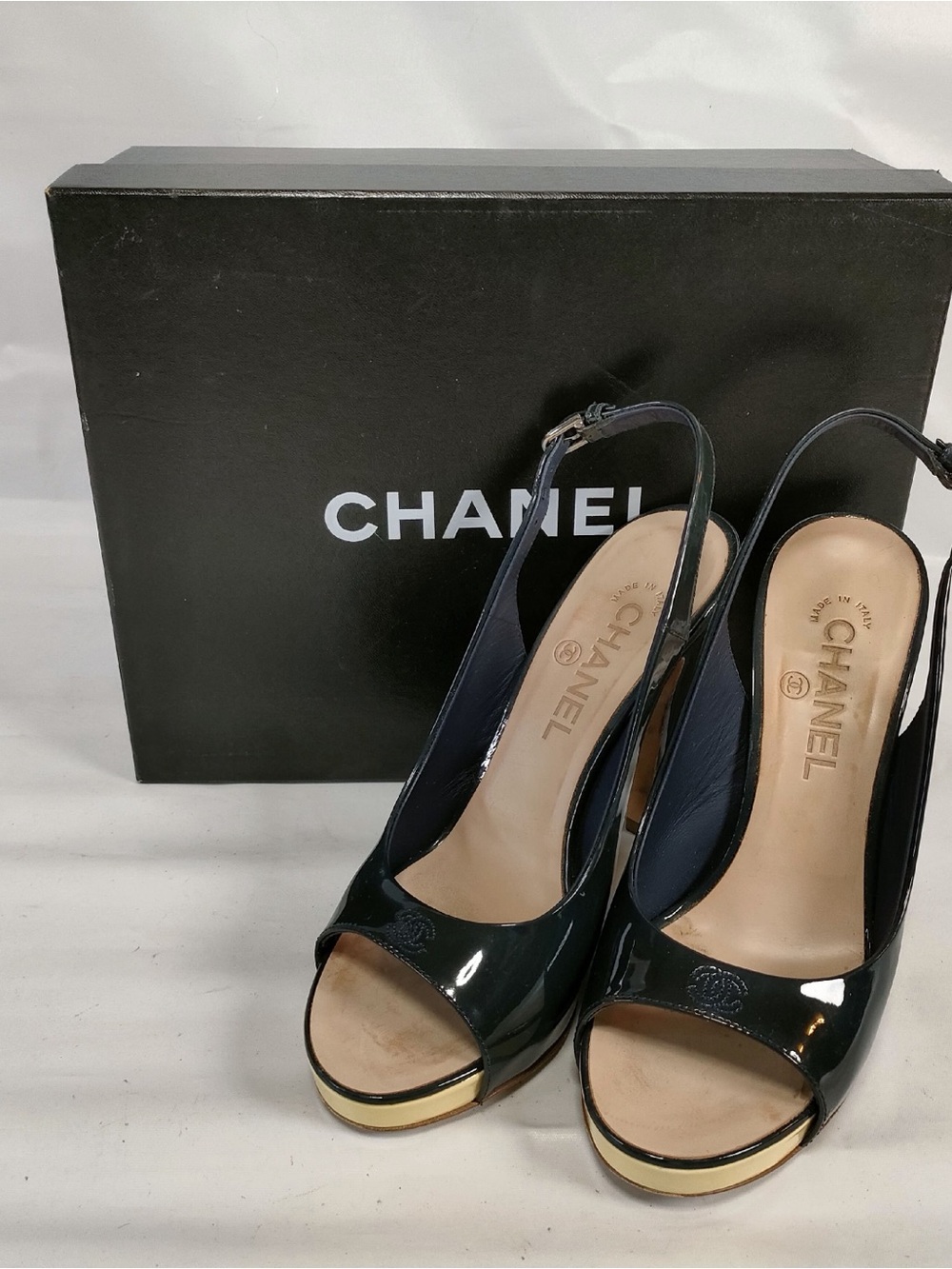 CHANEL Navy Patent Leather Open-Toe Slingback Heels with platform